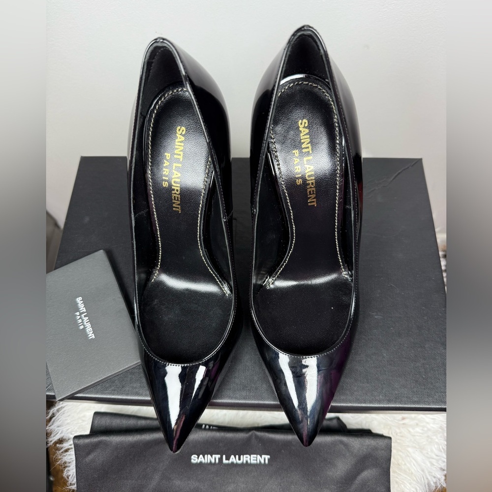 SAINT LAURENT OPYUM BLACK PATENT POINTED TOE PUMPS - Picture 9 of 10